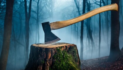 the axe stuck in the stump in a spooky night forest - obrazy, fototapety, plakaty