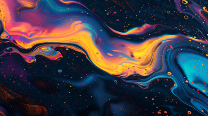 A visually stunning image capturing the mesmerizing beauty of a slick oil spill pattern, featuring...
