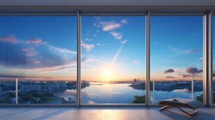 Floor-to-Ceiling Window View of Sunrise Over City River. Modern interior with panoramic cityscape. Urban living and architecture concept 