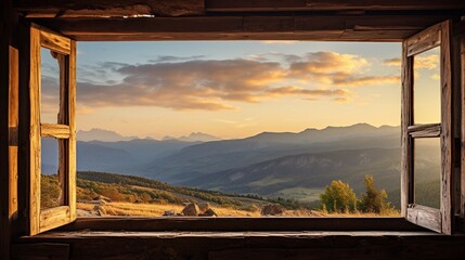 Mountain View from Rustic Cabin Window, Window frame with open shutters on a wooden wall, Landscape, and nature concepts for design and decoration. Flat lay composition with place for text.