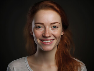 Smiling red-haired girl with freckles on a dark background