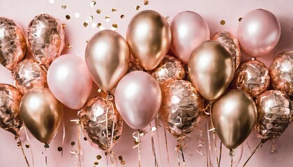 rose gold foil ballons on a pastel pink background card