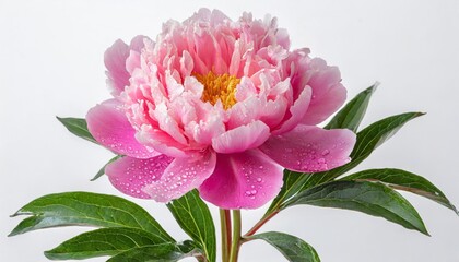 one double flower with water droplets stem and leaves of a a pink peony paeonia lactiflora against a white background
