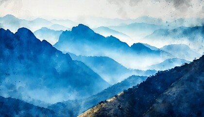 abstract mountains in blue tone digital watercolor painting