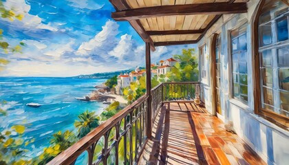 Fototapeta na wymiar oil painting balcony near the sea