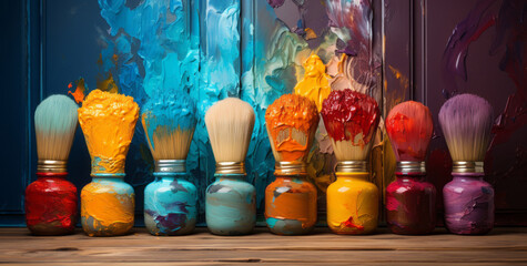 colorful paint brushes laying on top of wood.