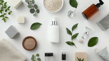 
A top-view mock-up of a cosmetics spa branding set against a white background, providing space to...