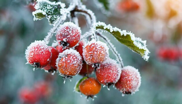 frosted hawthorn berries in the garden