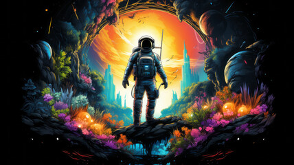 Astronaut explores outer dark space illustration .
