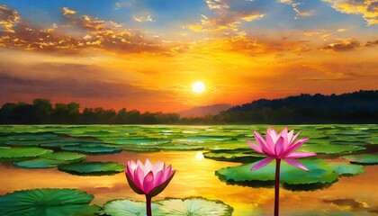Fototapeta na wymiar sunset over the lotus pond illustration