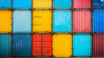 Stacked cargo containers painted in vibrant hues create a stunning visual display, evoking a sense of urban modernity and creativity. Perfect for designs related to shipping, logistics, arch