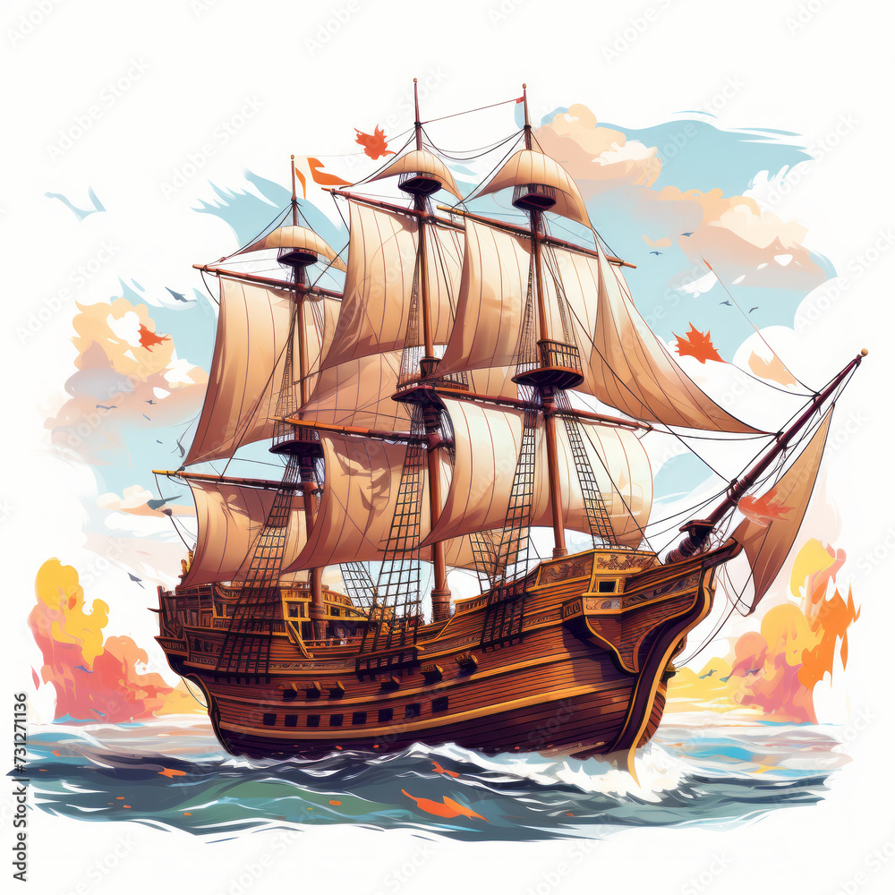 Wall mural pilgrim ship. mayflower. thanks giving day. illustration.