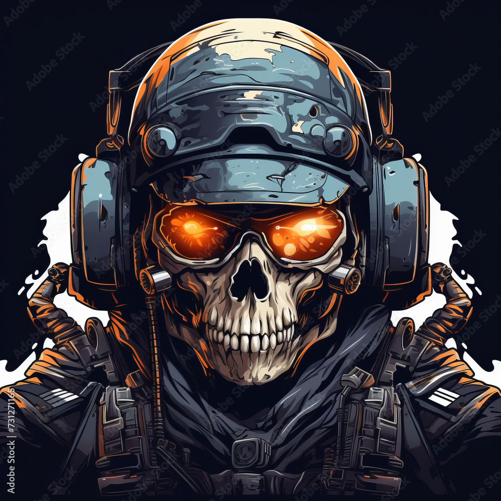 Wall mural Skelton wearing army helmet with guns illustration.