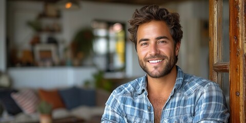 Fototapeta premium A cheerful adult guy with a toothy smile stands confidently, radiating happiness and professionalism, in a modern home.