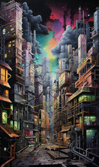 Busy bright and colorful city street view of a futuristic overcrowded metropolitan world