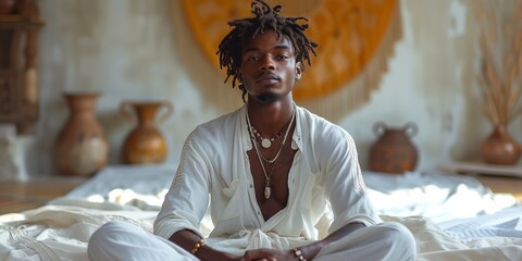 Confident young African American man with stylish dreadlocks wearing white clothes sits on the bed.