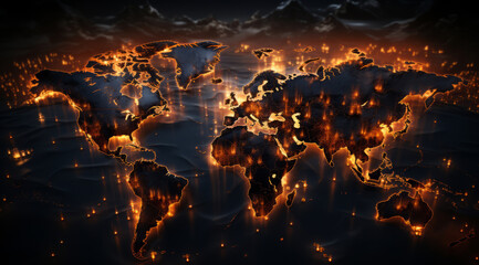 a map of the world with a fire.
