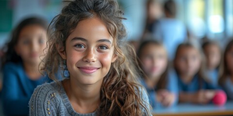 Obraz premium Happy elementary school girl in a fun classroom environment, learning through technology and enjoying friendship.