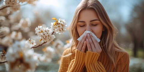 A beautiful young woman on the street sneezes into a tissue with symptoms of seasonal allergies. - Powered by Adobe