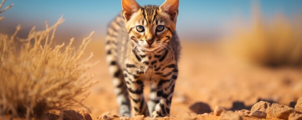 Young and confident Bengal cat walks towards the camera on amazing desert.