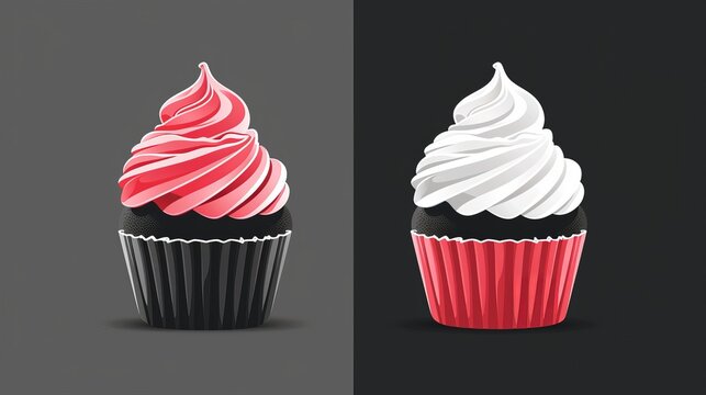 Here's a two-tone version of a cupcake icon, featuring a small cake designed to serve one person. It's displayed on both white and black backgrounds