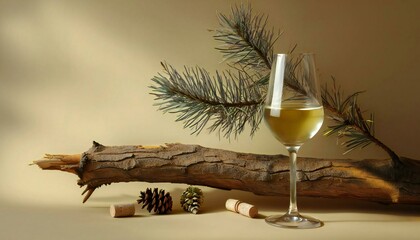 White wine and a beige background with an old snag - obrazy, fototapety, plakaty
