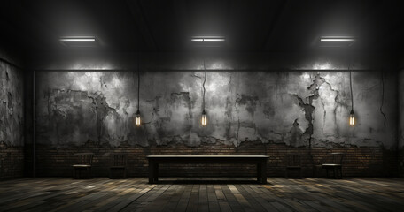 an empty room with brick walls and a spotlight.