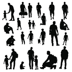 Fototapeta premium Silhouettes of a man and child interacting in various poses, depicting parenting and companionship against a white background.