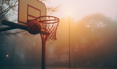 Naklejka premium The basket ball falls into the basketball hoop.