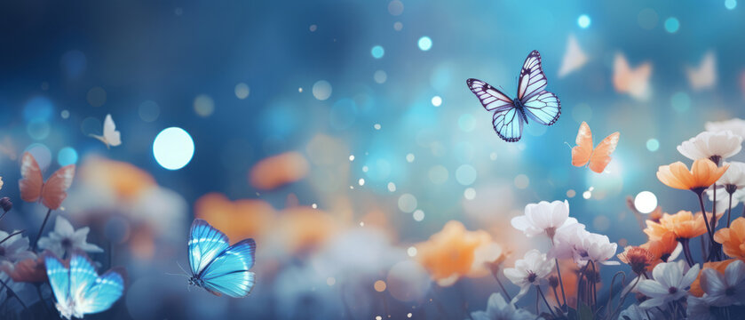 flowers and white butterflies with abstract bokeh background.