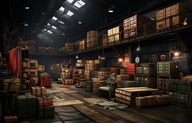 a large warehouse with pallets and boxes.