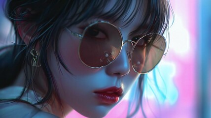 Obraz premium Animation style image of a slender young girl wearing sunglasses. Close-up of her face