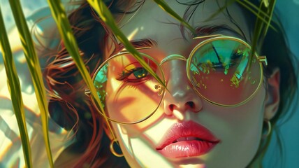 Close-up of the face of a young girl wearing sunglasses. Subtle and animated illustration
