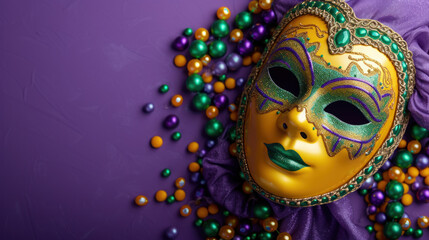Vibrant Mardi Gras Mask and Beads on a Purple Background.