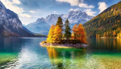 Photo sur Plexiglas Alpes an island with golden trees in the middle of colorful water of eibsee lake situated in the alps at the foot of zugspitze mount garmisch partenkirchen bavaria germany