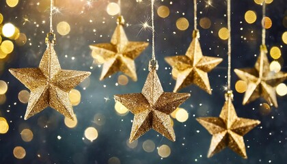 merry chrsitmas celebration decoration holiday background banner close up of hanging golden star light chain on dark night sky with bokeh