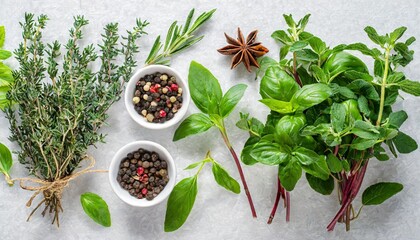 collection of fresh herb leaves thyme and peper spices herbs on a white table png food background design element with real transparent shadow on transparent background - obrazy, fototapety, plakaty