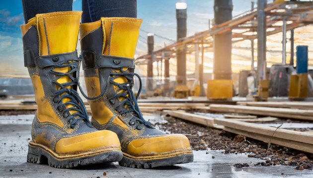 construction worker boots at a industrial job site