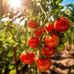 Beautiful ripe tomatoes on branch in amazing sunny garden