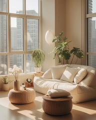 living room, in the style of y2k aesthetic, serene mood, natural light.
