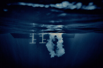 The beauty of the underwater world - diver jumping from boat into water - split photo - scuba...