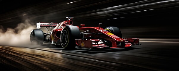 Red formula 1 racing car in motion with blurred background