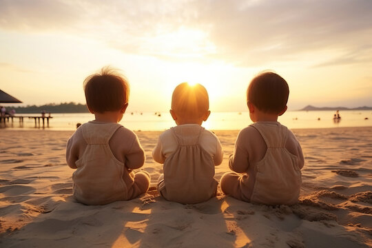 3 babies sit and play sand at the beach, back view, early in the morning, sunrise.
