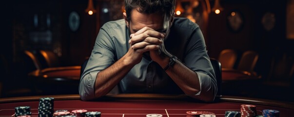Fototapeta na wymiar A sad man sitting at a gambling table in casino.