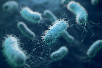 Macro image captures a variety of microscopic bacteria cells on a dark blue background.