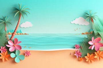 colorful summer time background with tropical beach paper craft style.
