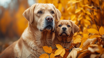 A large adult golden retriever and its puppy sit among autumn leaves looking thoughtful.