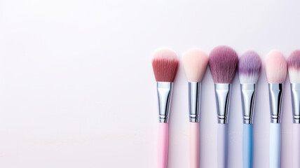 Background image, Pastel pink and blue makeup brushes laid flat on a white surface.