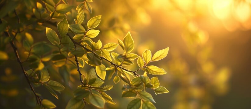 A macro photograph of a twig of a terrestrial plant with amber-colored leaves at sunset.