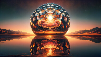 A large geometric sphere reflects the golden sunrise in a tranquil landscape, juxtaposing technology with nature in a serene and reflective setting.Background Concept .AI generated.
